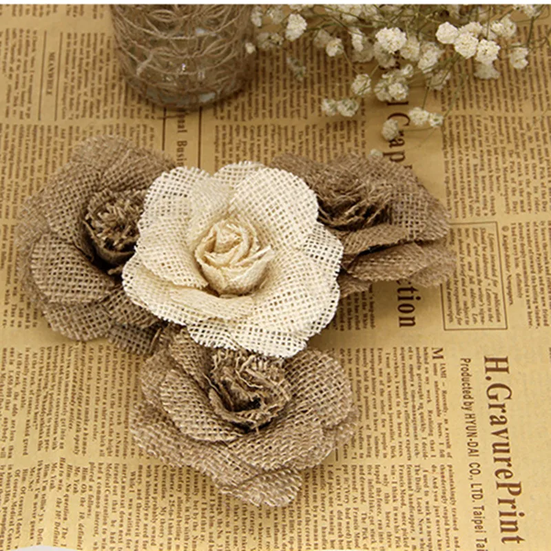 9 см ручной работы джут из мешочной ткани цветы Роза потертый шик свадебный Декор Рождественская вечеринка поставки