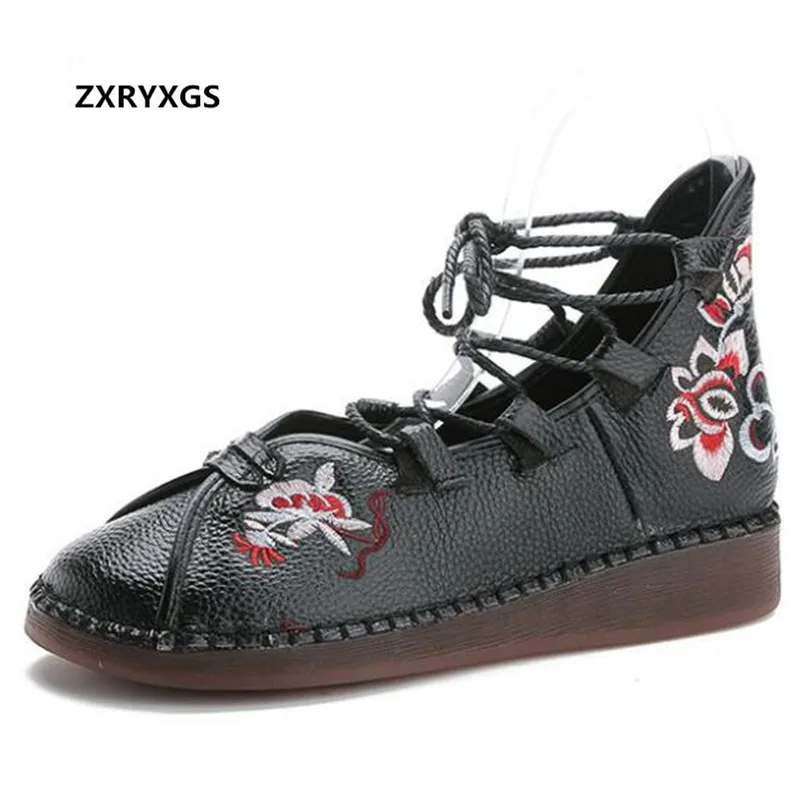 

Delicate Embroidery Genuine Leather Shoes Woman Flat Shoes New Autumn Cross Strap Retro Fashion Shoes Soft Comfort Women Flats