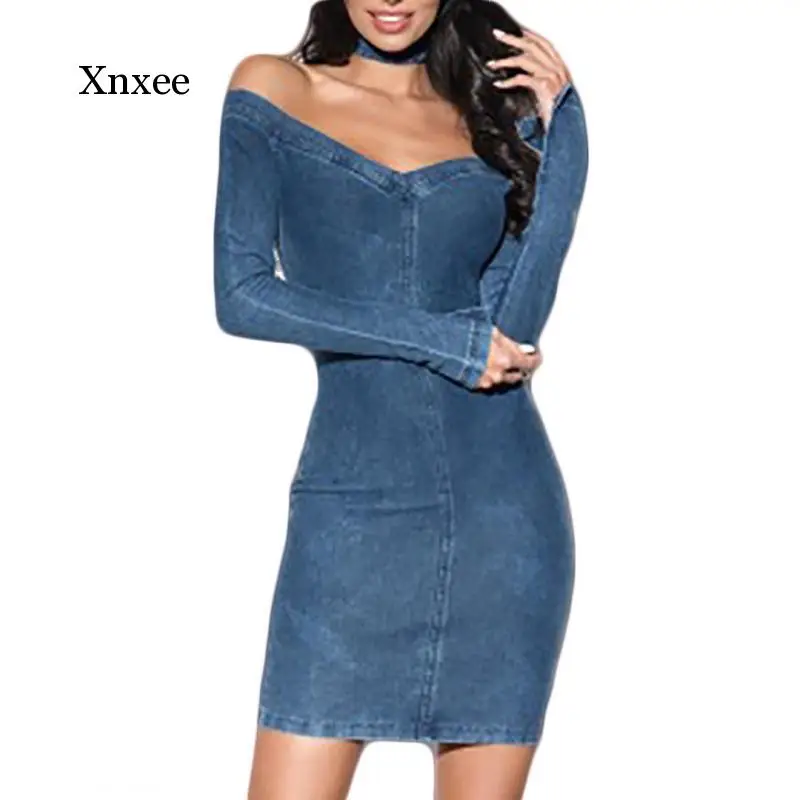 

2020 Spring Women's Dresses Slim Denim Sexy Off-Shoulder Long Sleeve Bodycon Low Cut Club Dress Women Mini Party Bandage Dress