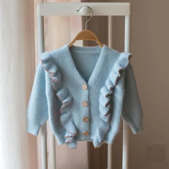 

New Autumn and Winter Baby Girls Cardigan Sweaters Korean Style Ruffles Cute Soft Kids Coats V-neck Children Knitted Sweater