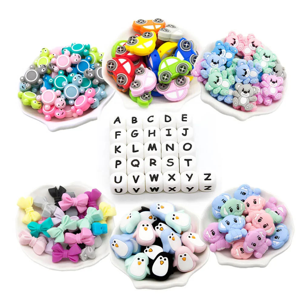 Silicone Teething Beads 10pc Baby Teether BPA Free English Letter Tortoise Mouse Panda DIY Pacifier Chain