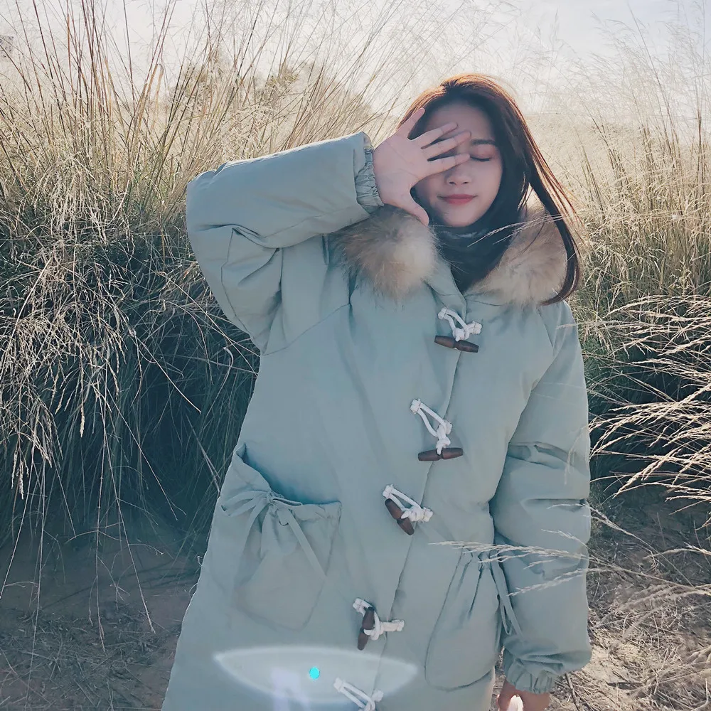 

Photo Shoot 2018 Winter New Style South Korea Fresh Mint Green Toggle Cotton-padded Clothes Cotton Coat Student down Coat
