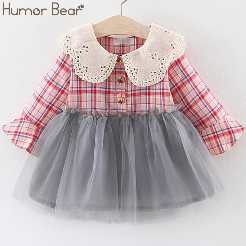 Humor Bear/одежда; платье для девочек; коллекция года; сезон весна-осень; новое хлопковое праздничное платье с длинными рукавами и кукольным воротником; клетчатая одежда для маленьких девочек