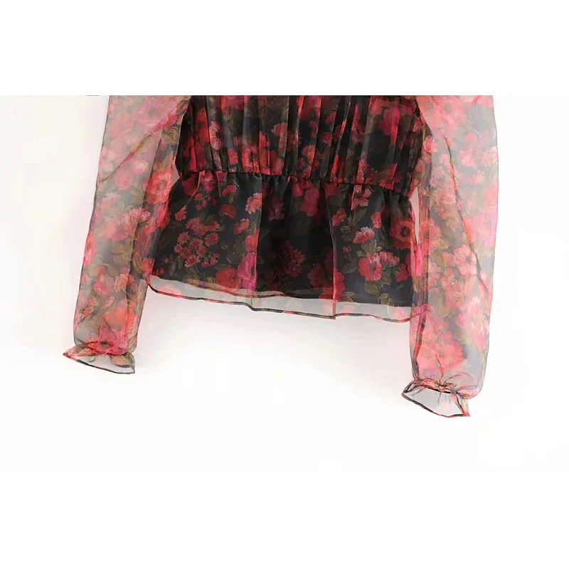 Винтажная шикарная блуза из органзы с цветочным принтом стильные женские рубашки с рюшами и круглым вырезом Топы, повседневные блузки Mujer