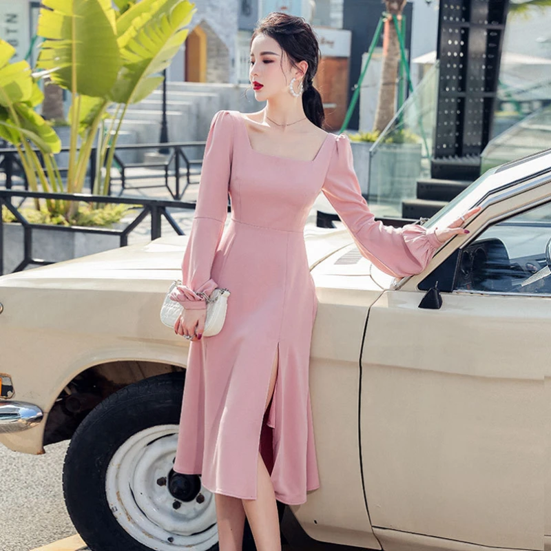 French Office Lady Square Neck Slit Bodycon Dress Fall 2021 New Women ...