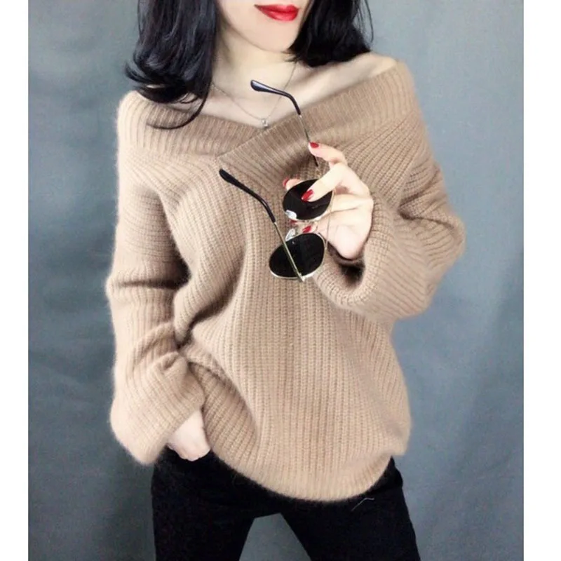 Более размера d толстый зимний вязаный женский свитер с v-образным вырезом мохеровый рукав-фонарик однотонный пуловер размера плюс максимальный вес 80 кг