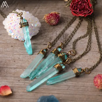 

Green Titanium Natural Quartz Crystal Point Pendant Beads Wire Wrapped Bronze Copper Necklace Girl's Friendship Jewelry AMZN37AJ