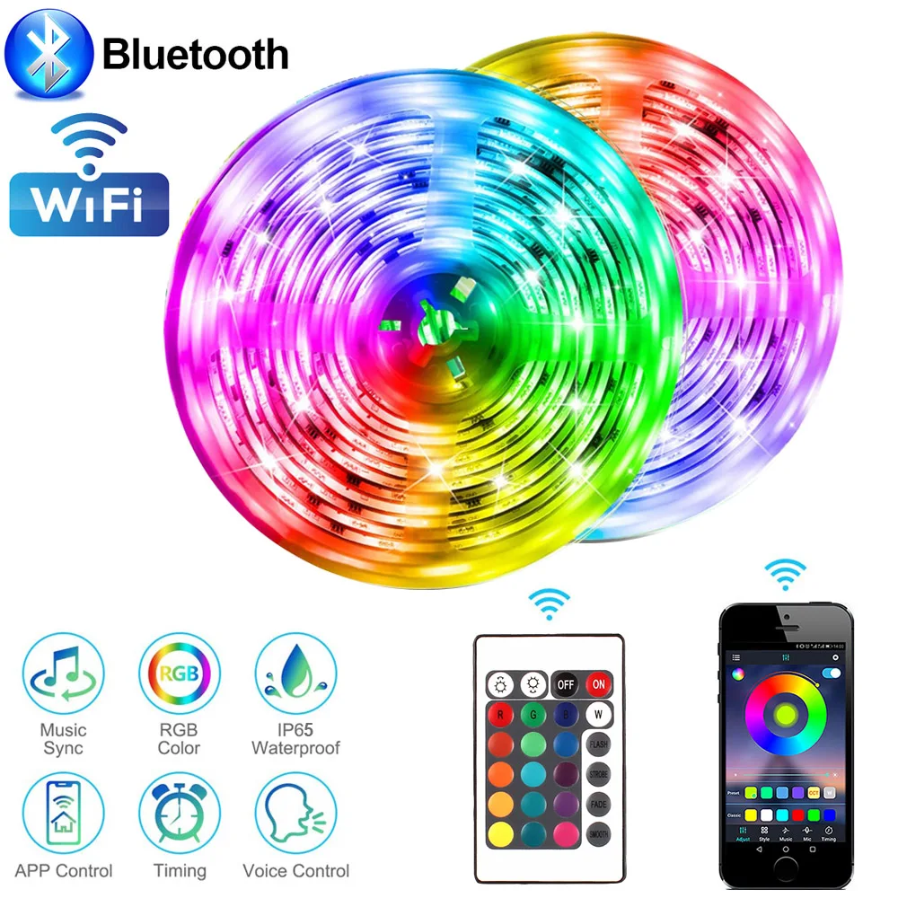 

Bluetooth / WiFi 5M RGB LED Strip Lights 12V 5050 Waterproof Flexible Diode Tape Tiras LED Lamp For Room Controller + Adapter EU