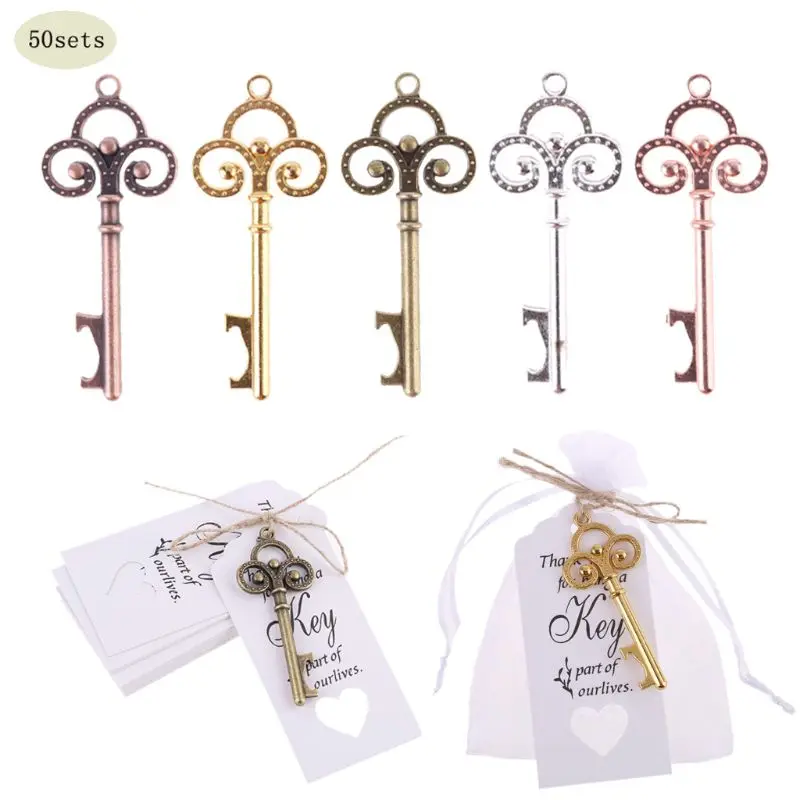 50x Vintage Key Bottle Opener with Tag Card Bag Wedding Party Favors Souvenirs