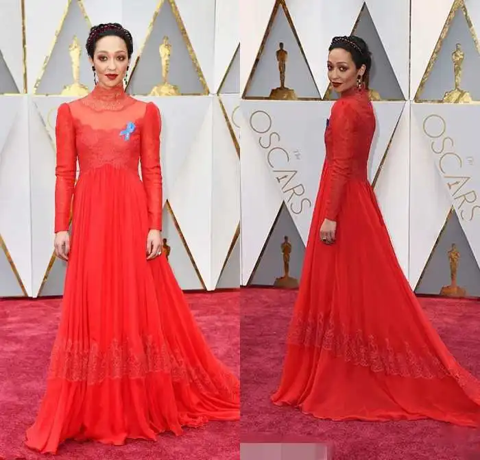 Ruth Negga Red Lace Celebrity Dress 89th Annual Academy Awards High Neck Long Chiffon Evening Dress Lace Sleeves Prom Party Gown