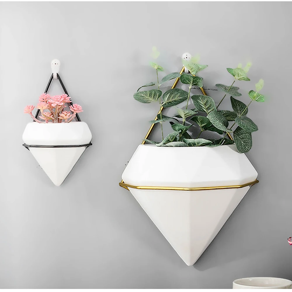 4H Triangle Ceramic Air Planter Pot Wall Hanging Decor Container,Great for Succulent Cactus Plant Holder Pot Home Decor,Gold 