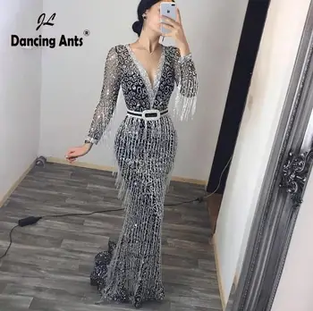 

Prom Gowns Dress Long Sleeve Deep V-neck Lace Up Elegant Evening Robe Hollow Out Sequined Tassel Sexy Slim Female Party Dresses