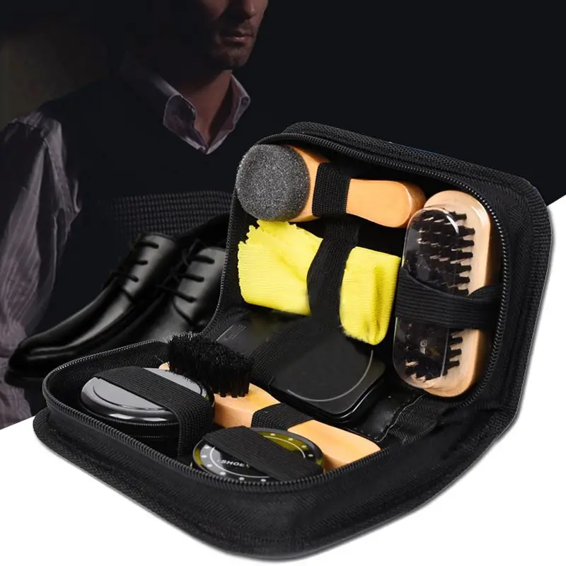 

Fashion Men Shoes Cleaning Kit With Box Wooden Handle Brushes Shoe Shine Polish Portable Travel Leather Care Smooth Tool BJStore