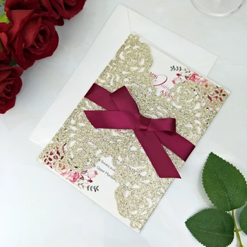 

Luxury Champagne Glittery Laser Cut Wedding Invitations with Burgundy Ribbon & Envelope Rose Printable Greeting Cards 50pc/lot