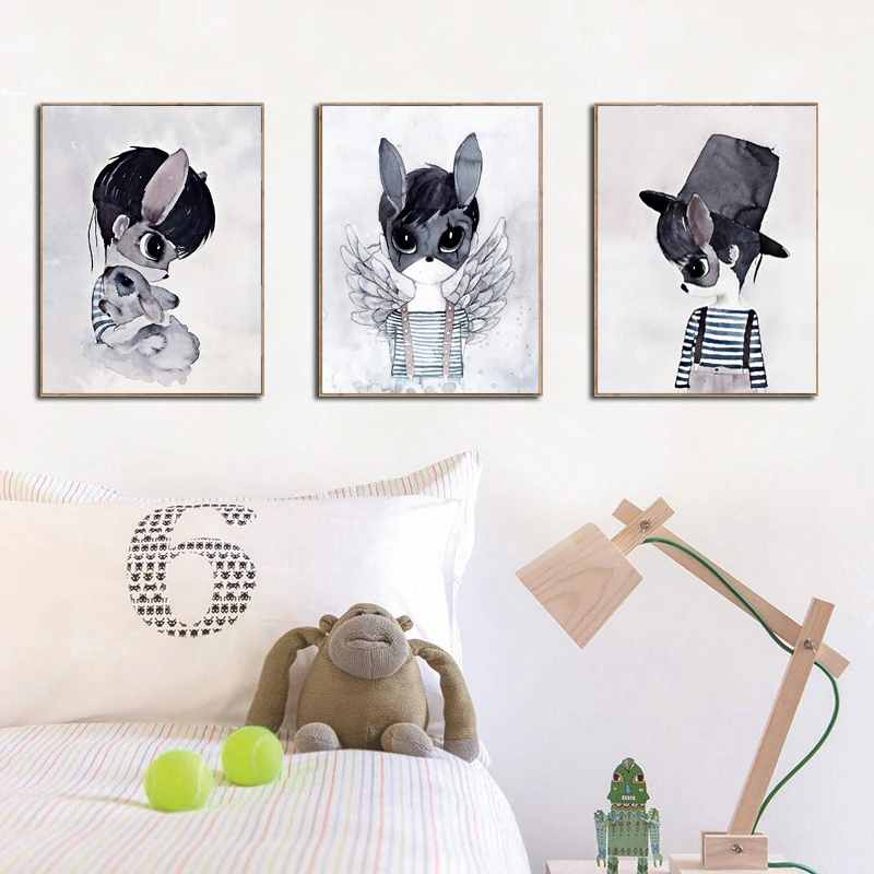 Nordic-Spray-Color-Rabbit-Girl-Canvas-Painting-Cartoon-Bicycle-Boy-Circus-Lion-Whale-Wall-Picture-Animal (2)