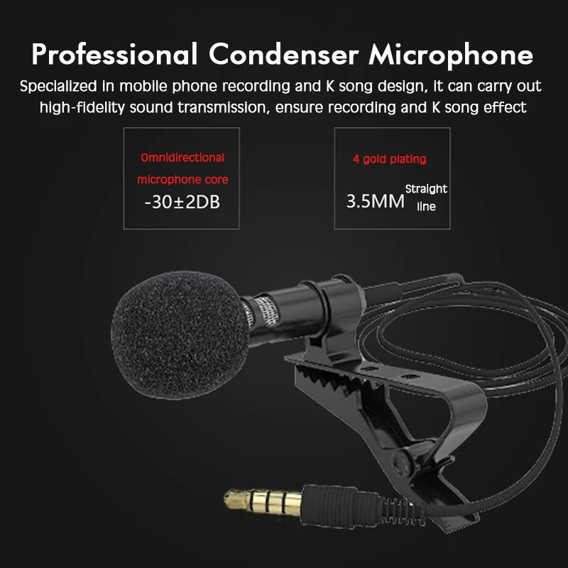 Professional Mini Clip Microphone Condener Lavalier Microphone Phone 3.5mm Wired Clip on Lapel Mic for iPhone iPad Android Phone (5)