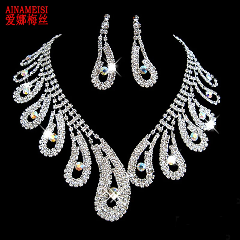 Jewelry Sets Women Earrings Chain Necklace AINAMEISI Luxury Crystal Bridal Jewelry Sets Rhinestone Silver Plated Wedding Accessories Charm Necklace Earrings Sets For Women