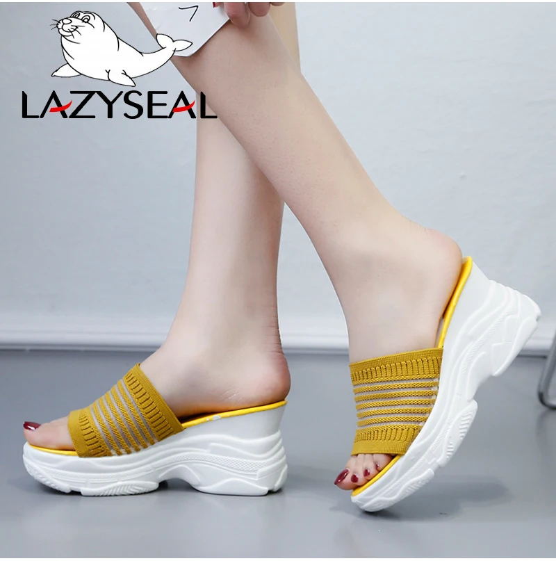 LazySeal тапочки на платформе из хлопчатобумажной ткани; женские шлепанцы; модная женская обувь на танкетке с толстой подошвой; нескользящие женские вьетнамки