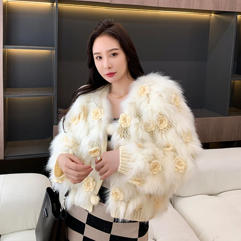 Women's Real Raccoon Fur Knitted Sweater Vest 2021Japanese Style Female Fur  coat Warm fall winter Cardigan fur sweaters