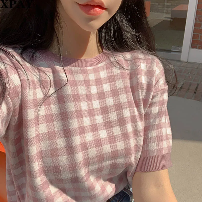 

Women Plaid Knitted T Shirts 2020 Summer Fashion Short Sleeve O Neck All-Match Tops Shirts Female Korean Chic Loose Ladies Tees