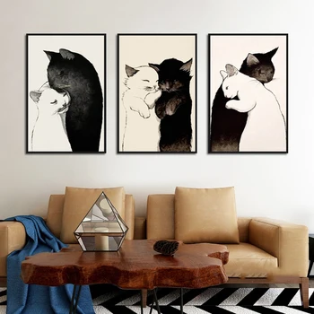 

Nordic Canvas Poster Home Decoration Animals Cute Black White Cat Couples Painting Modular Art Wall Pictures For Modern Bedroom