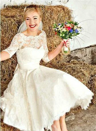 

White Lace Short Country Style Wedding Dress High Quality A Line Half Sleeves Bridal Gown Vestido De noiva