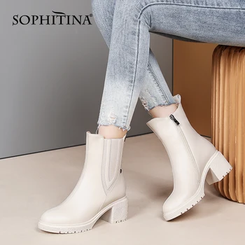 

SOPHITINA New Chelsea Boots Women Winter Mid-Calf Plush Zipper Round Toe Square heel Short Boots Comfortable Women's Shoes SO636