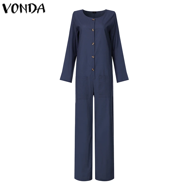 Модные женские хлопковые комбинезоны VONDA, женские комбинезоны, Осенние Комбинезоны, офисные женские повседневные свободные штаны размера плюс