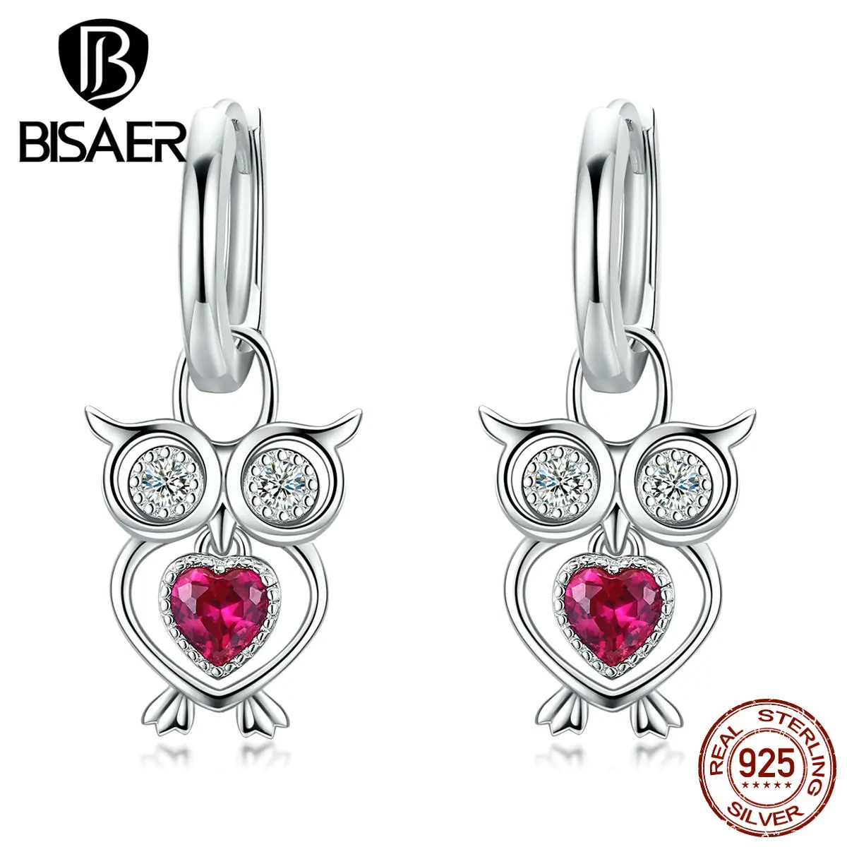Серьги в виде совы BISAER 925 пробы серебряные женские серьги в виде милой Совы женские серьги-гвоздики в виде животных Ювелирные изделия из стерлингового серебра EFE253