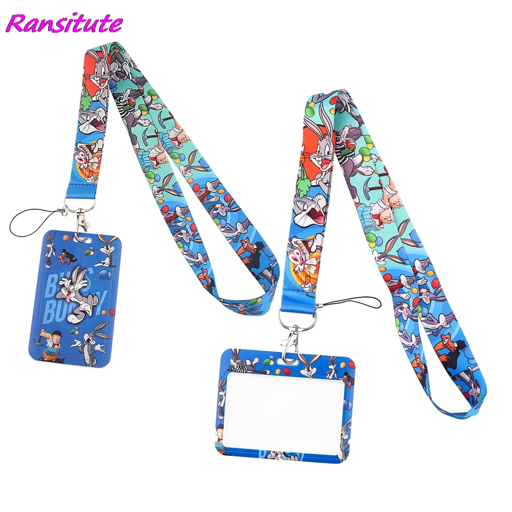 

Ransitute R1496 Funny Rabbit Cartoon Lanyard Card ID Holder Car KeyChain Gym Phone Badge Kids Key Ring Holder Jewelry