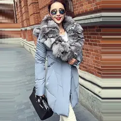 Большой натуральный Лисий мех зимняя куртка для женщин натуральный Лисий мех воротник с капюшоном теплый пуховик для женщин зимнее пальто