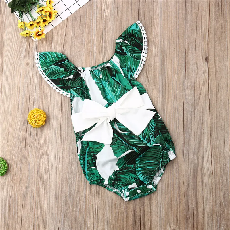 

Newborn Kids Baby Girls clothes Leaves print Tassel bow cotton Jumpsuit round neck Ruffle sleeveless Toddler Bodysuit one pieces