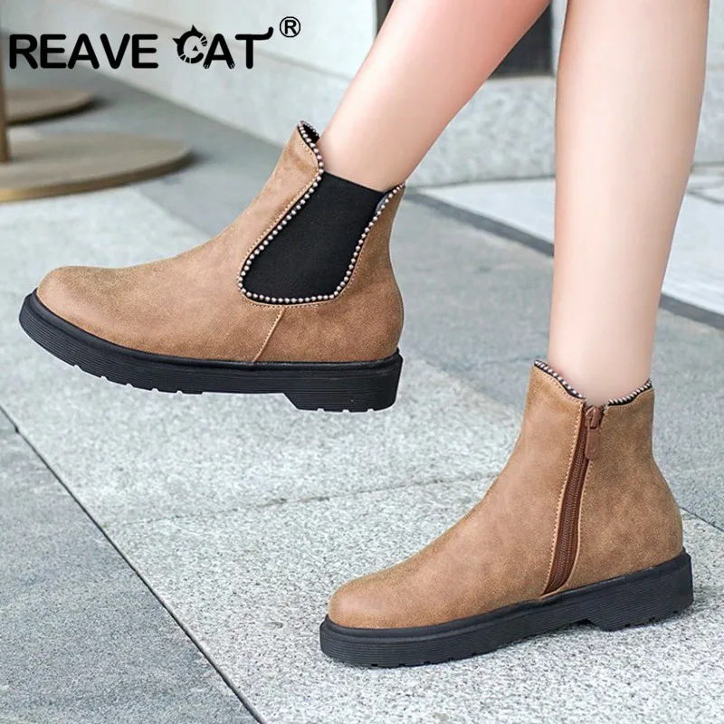

REAVE CAT 2020 New Punk boots for women low block heels chelsea boots Ladies winter shoes brown black rivets elastic shoes