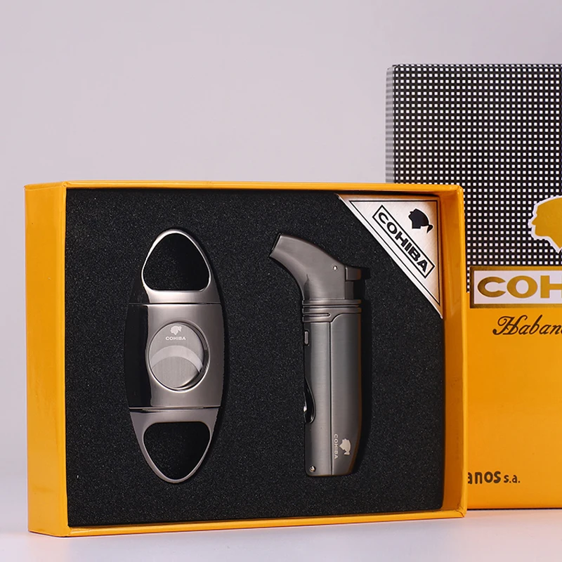 

COHIBA Metal Super Sharp Cigar Cutter Windproof 2 Jet Flame Cigar Cigarette Lighter W/Cigar Punch & Needle Gift Set
