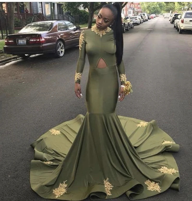 Simple Oliver Green Long Mermaid Prom Dresses New Long Sleeve Sweep Strain High Sweep Strain Formal Evening Dress Party Gowns