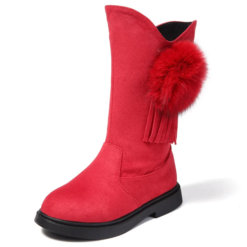 Новые детские высокие теплые сапоги для девочек, модная Водонепроницаемая зимняя обувь с бахромой для детей 3, 4, 5, 6, 7, 8, От 9 до 13 лет - Цвет: red