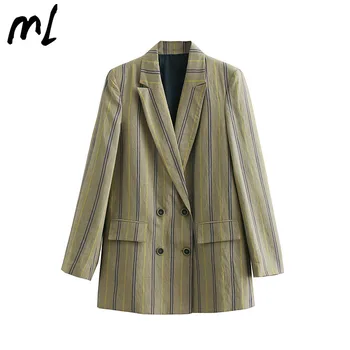 

Fashion Autumn Women Blazers Casual Office Fashion Striped Retro Double-breasted Suit Elegant Business Female Blazer Coat