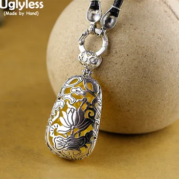 

Uglyless Hollow Lotus Pond Necklaces NO Chain Yellow Chalcedony Pendants for Women Real 925 Sterling Silver Vintage Jewelry Gems