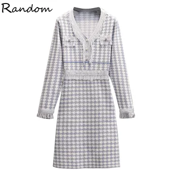 

Women Knit Elegant Houndstooth Party Dress Long Sleeve Winter V Neck Wrap A Line Tassel Dresses Ladies Fashion Clothing 2020