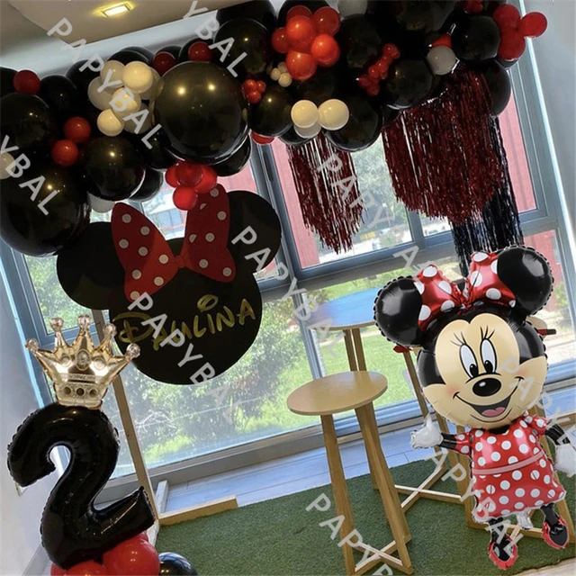 Ballon Minnie Tête Noir et Blanc Noeud Rouge Noir 