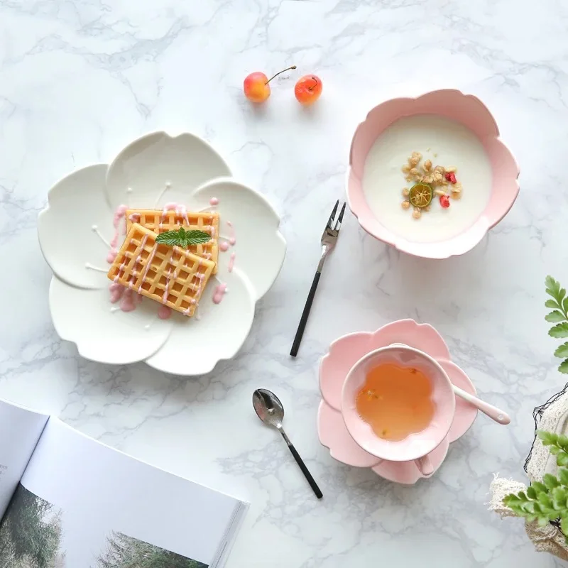 Японская керамическая тарелка, набор посуды, кухонная посуда, градиентный лепесток, керамическая Западная тарелка, Розовый Белый десерт, миска для выпечки|Чаши| | АлиЭкспресс