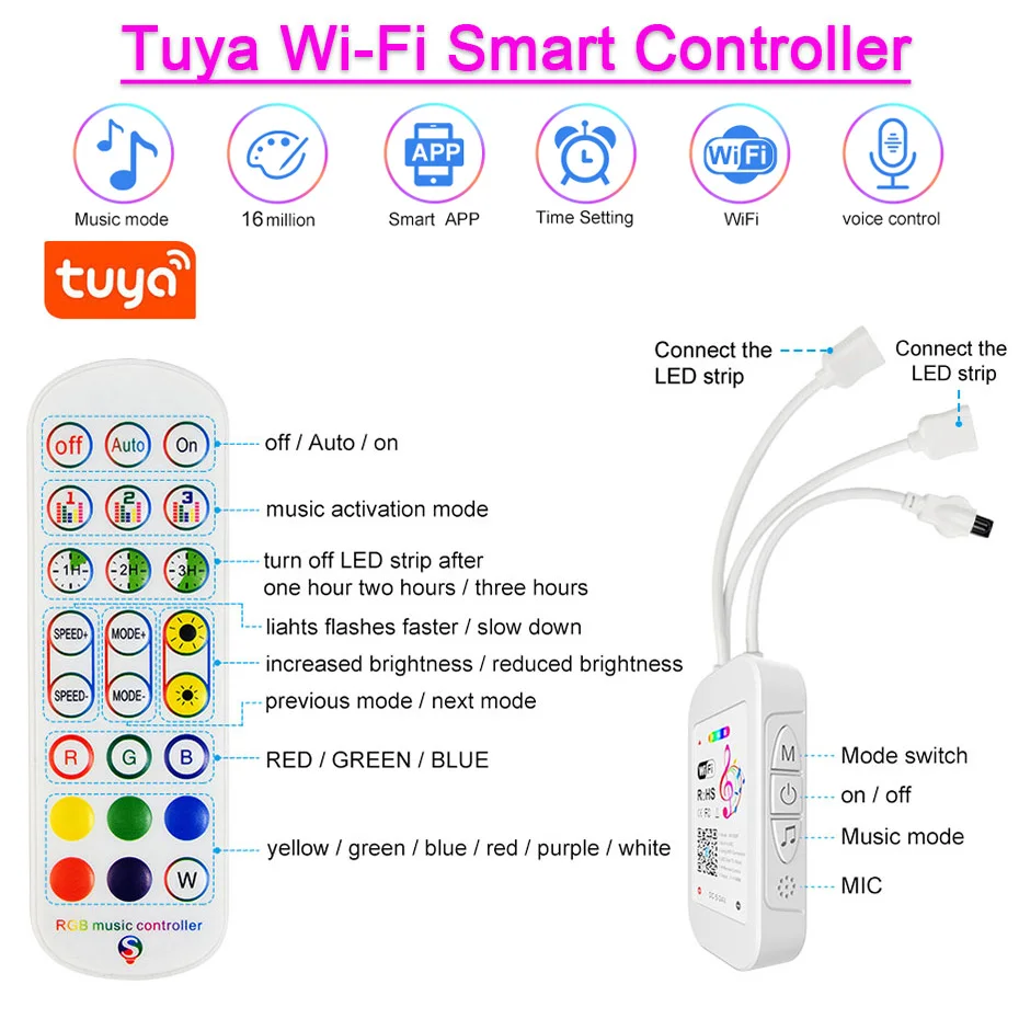 tuya levou luz de tira rgb lâmpada de fita modo de música bluetooth controle remoto levou fita para decoração do quarto