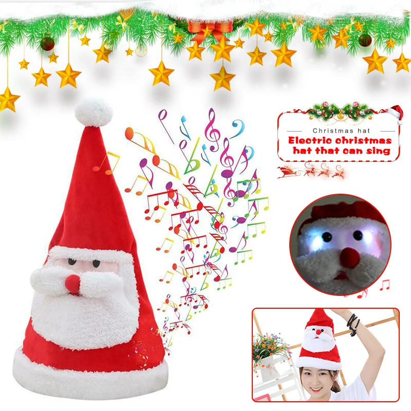 

Electric Christmas Hat Plush Toys Sing Swing Santa Claus Hat Washable Xmas Decor FP8