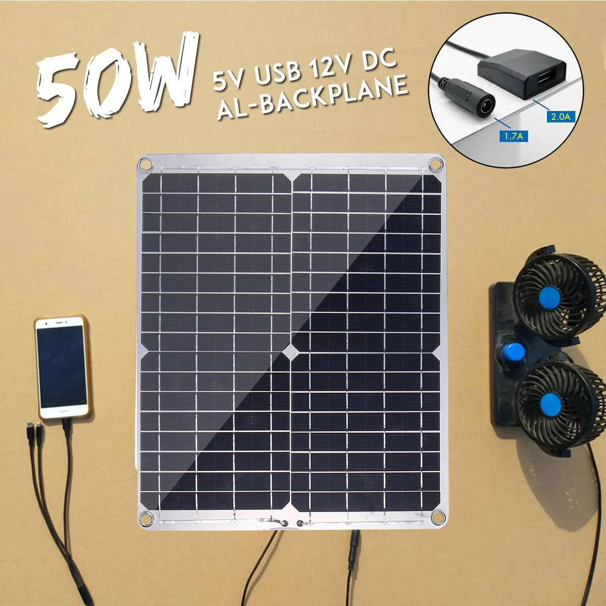 

50W 18V Dual USB Solar Panel with Cigarette Lighter + 10/20/30/40/50A USB Solar Charger Controller Solar Cells for Outdoor