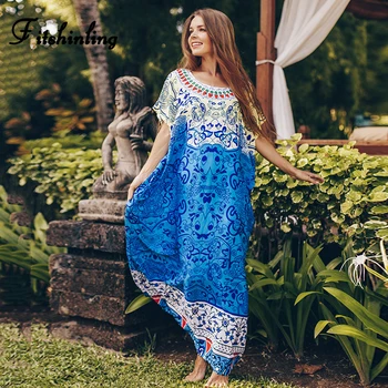 

Fitshinling Print Floral Summer Beach Cover-Up Big Size Long Dress Holiday BOHO Pareos Short Sleeve Sexy Slim Maxi Dresses Women