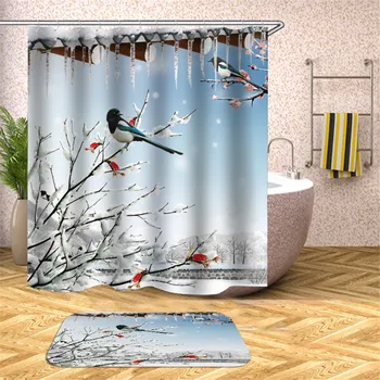 

Water Birds Shower Curtains Watercolor Flying Crane with Plants Polyester Fabric Waterproof Bathroom Bath Curtain