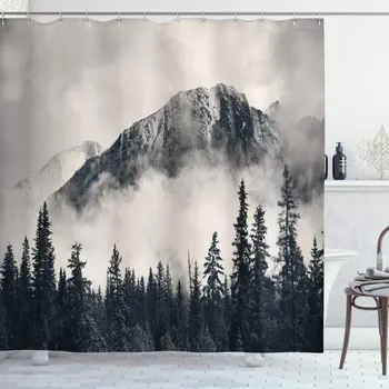 

Parks Shower Curtain, Smokey Mountain Cliff Outdoors Idyllic Scenery Photo Artwork, Cloth Fabric Bathroom Decor