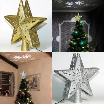 

Christmas Tree Toppers With Built-in Rotating 3D LED Snowflake And Hollow Glitter Lighted Star Pattern Decorative Lights Xmas