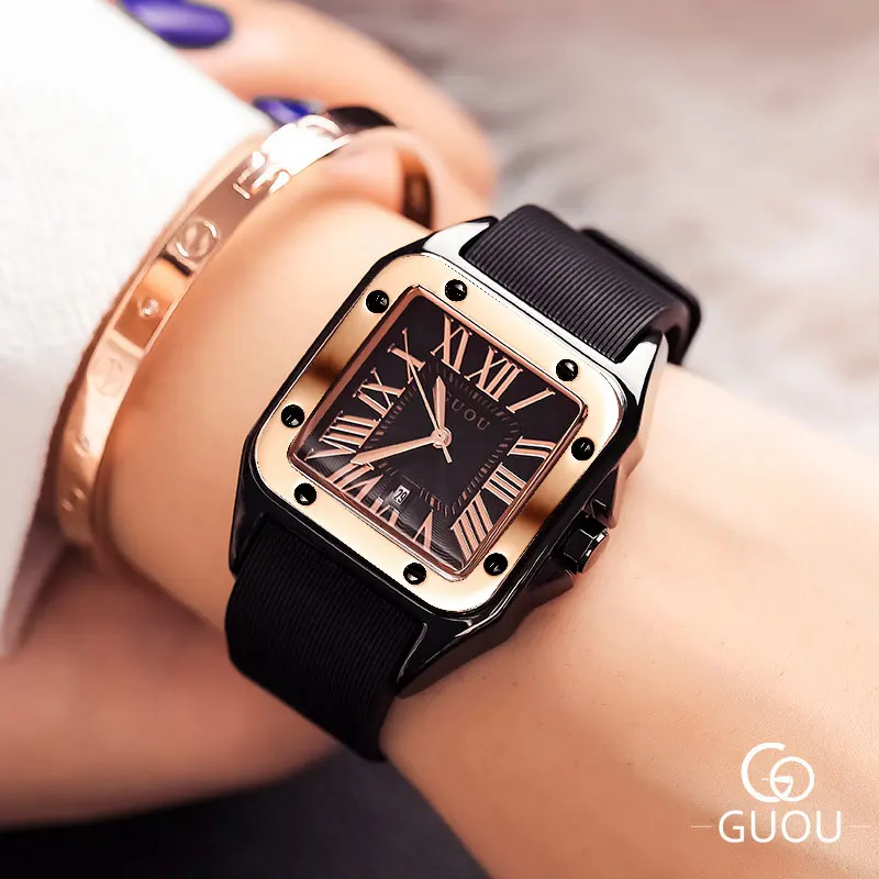Модные GUOU брендовые часы Прямоугольники кварцевые женские часы кожа высококлассные большой циферблат топ роскошные женские relogio feminino