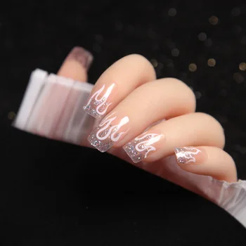 

24pcs Silver Powder Flame False Nails Flesh-colored Transparent Square Head Personality Trendy Mid-length Nail Piece DL